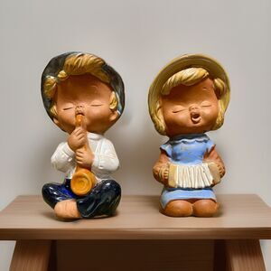 ROYAL SEALY MUSICIAN SET 2 BOY GIRL TERRACOTTA POTTERY Flute Accordion FIGURINES